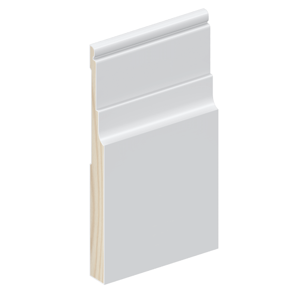 Digital render of the SK29 185mm skirting board profile shown with a painted white finish for visualisation purposes.