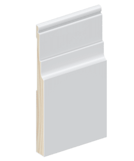Digital render of the SK29 185mm skirting board profile shown with a painted white finish for visualisation purposes.