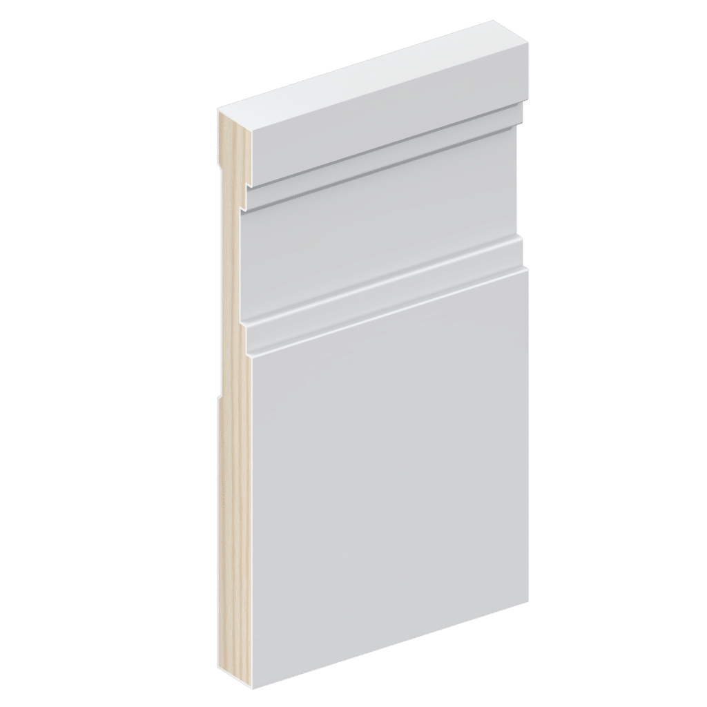 The SK392 skirting board profile in primed FJ pine and a height of 185mm.