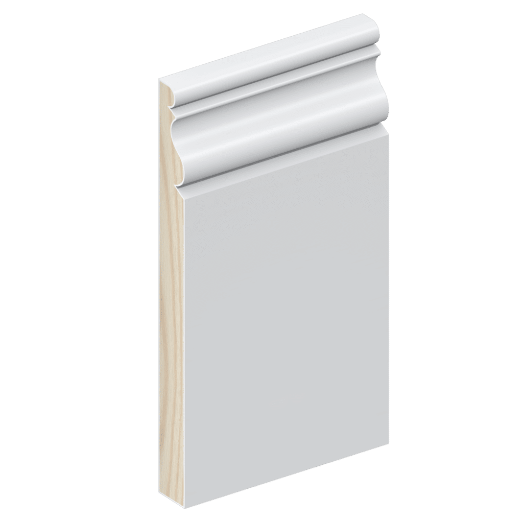 The SK450 skirting board profile in primed FJ pine and a height of 185mm.