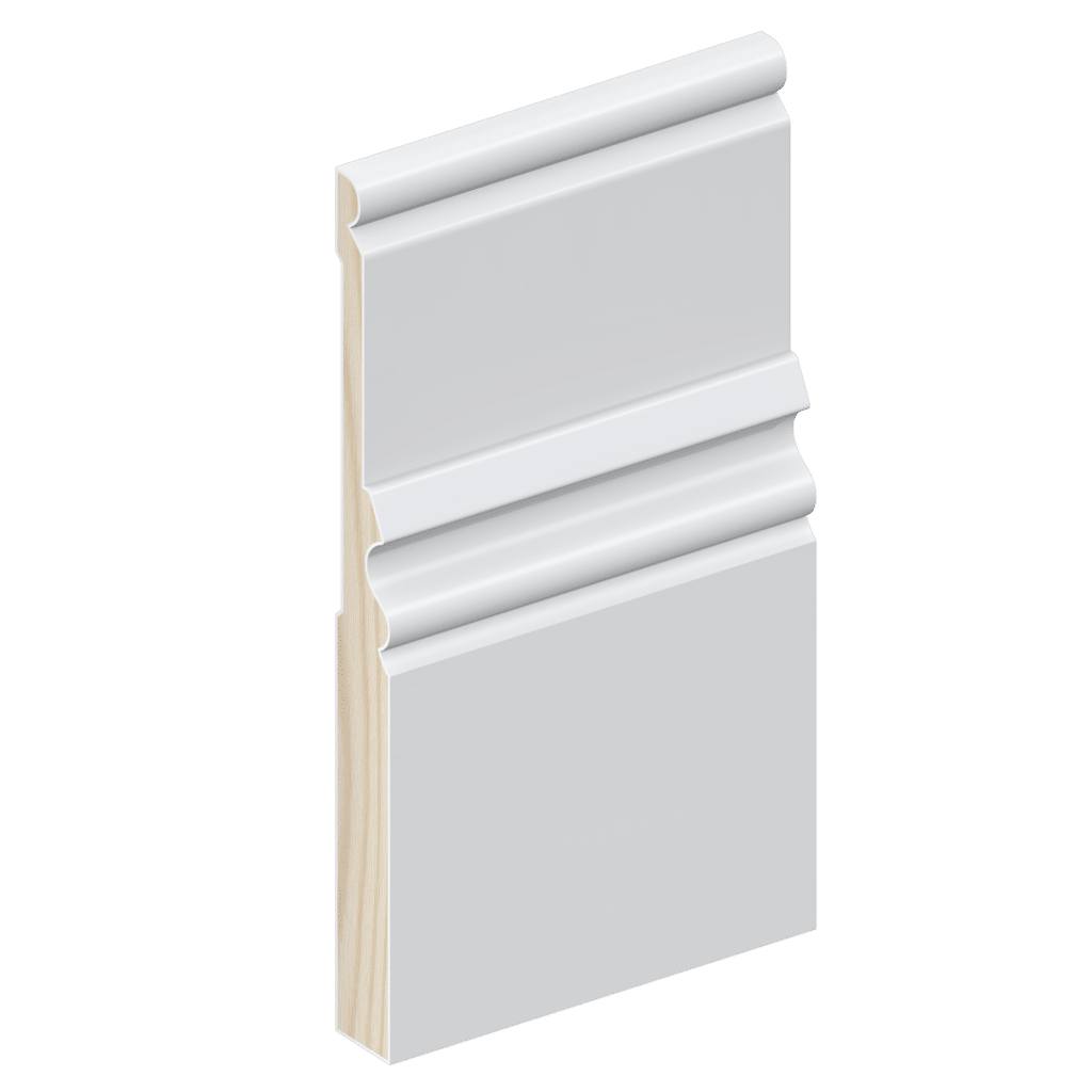 Digital render of the SK91 185mm skirting board profile shown with a painted white finish for visualisation purposes.