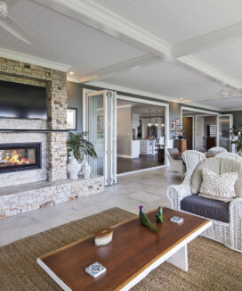 Hamptons living space with CM36 cornice moulding, coffered ceiling beams, and refined coastal architectural detailing