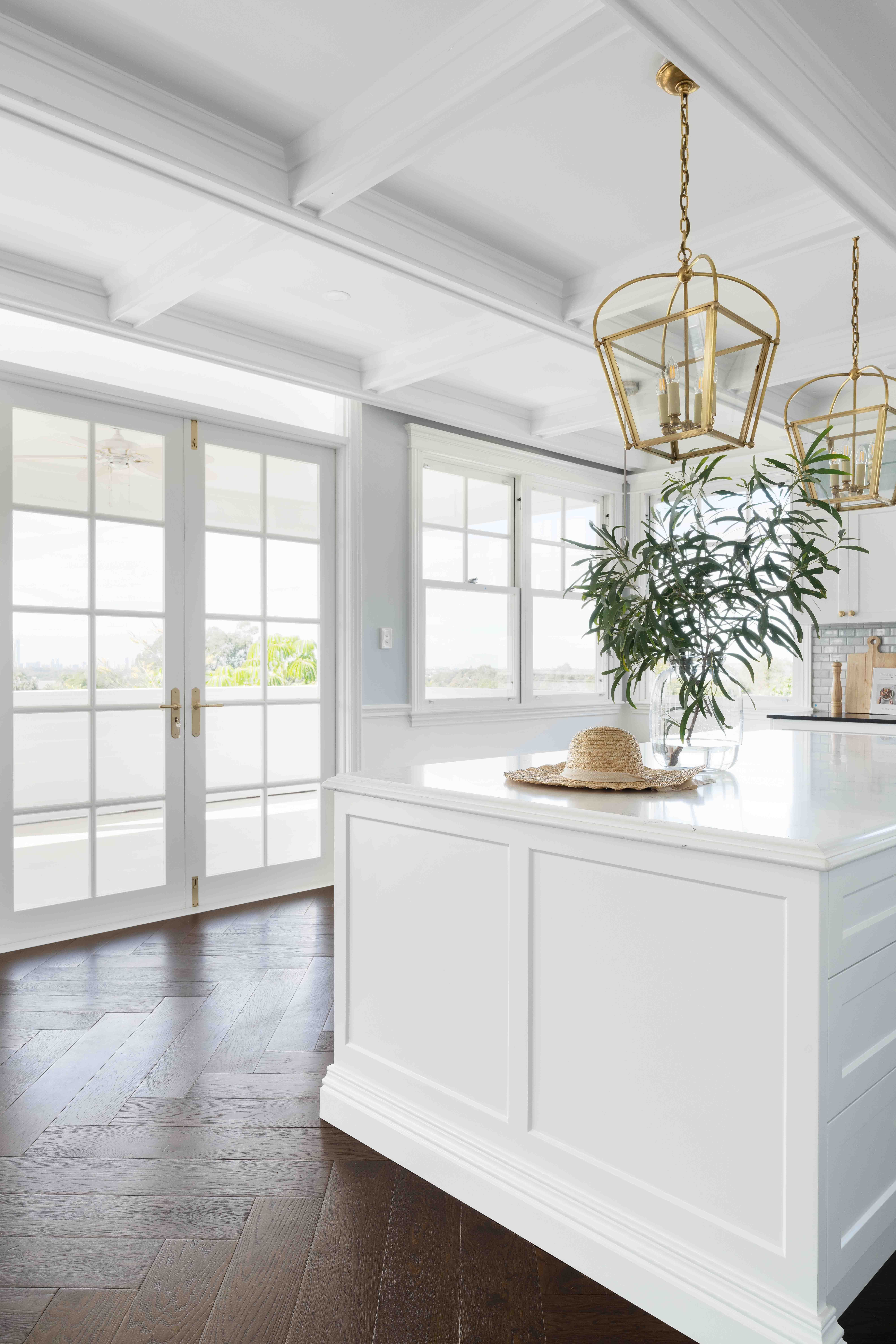 Hamptons kitchen featuring CM14 crown moulding profile with coffered ceiling detail and refined architectural cornice lines