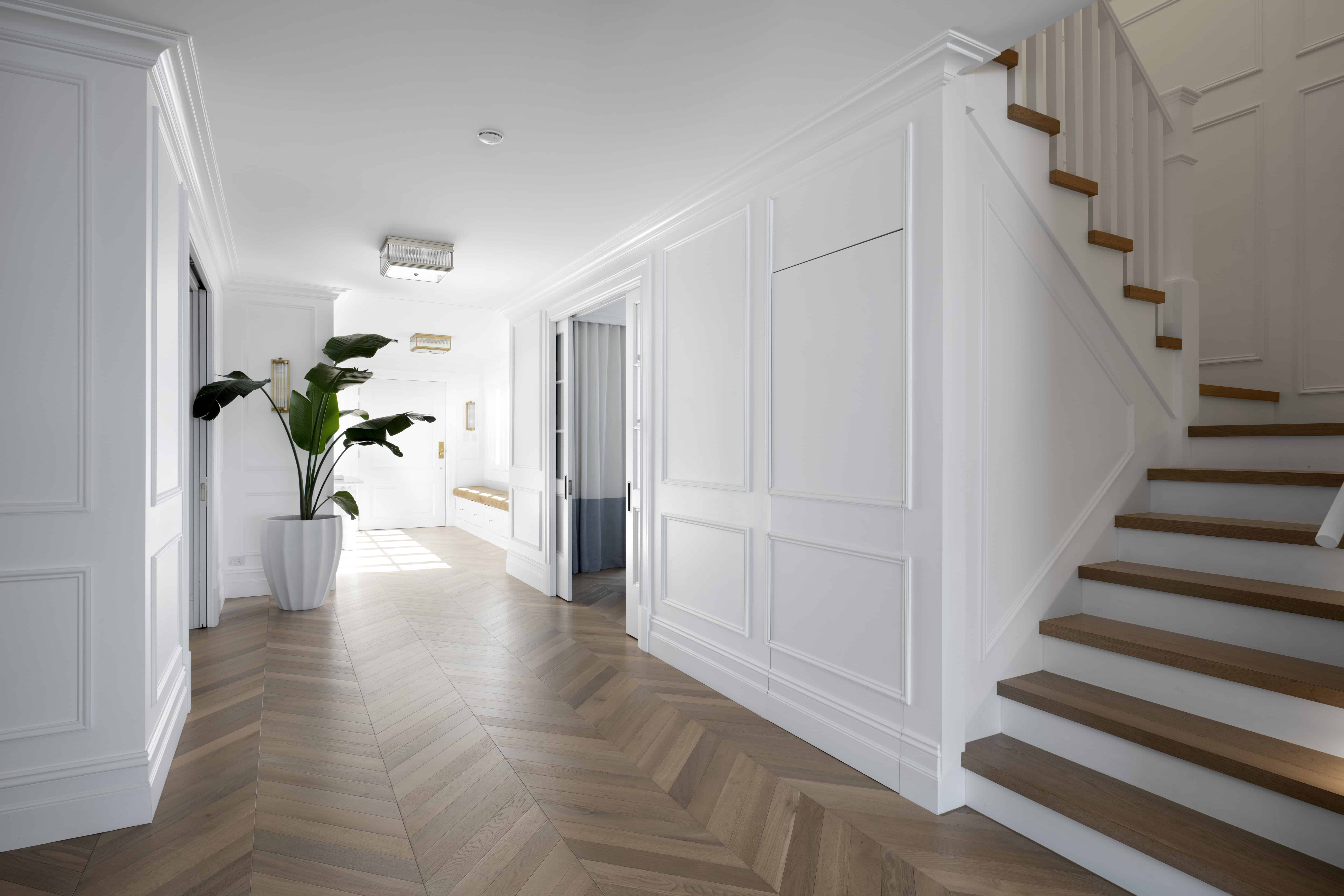 Modern Hamptons full-height wall panelling using IN13 inlay mould with clean geometric detailing
