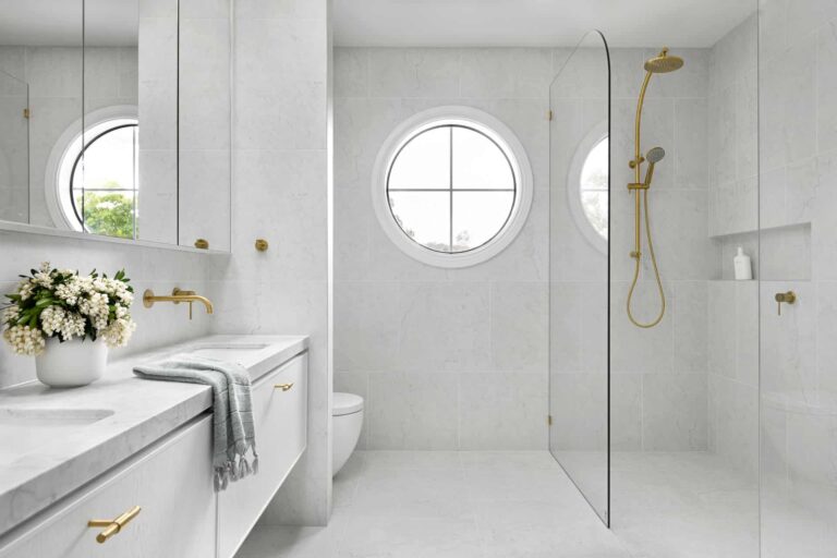 Zephyr and Stone Modern Hamptons bathroom design with white tiling, marble counter, and brass shower fixture