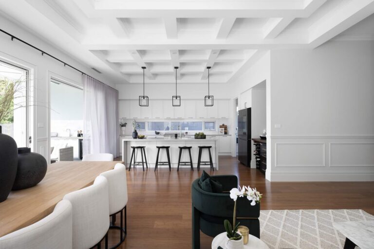Open plan kitchen and bold white statement ceiling using Intrim Mouldings