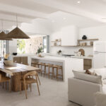 VJ-style white ceiling panels in modern farmhouse-inspired open plan kitchen and living area