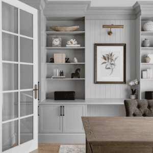 Modern Farmhouse-style room featuring integrated wall panelling and shelving, with white and glass door and wooden table in the foreground