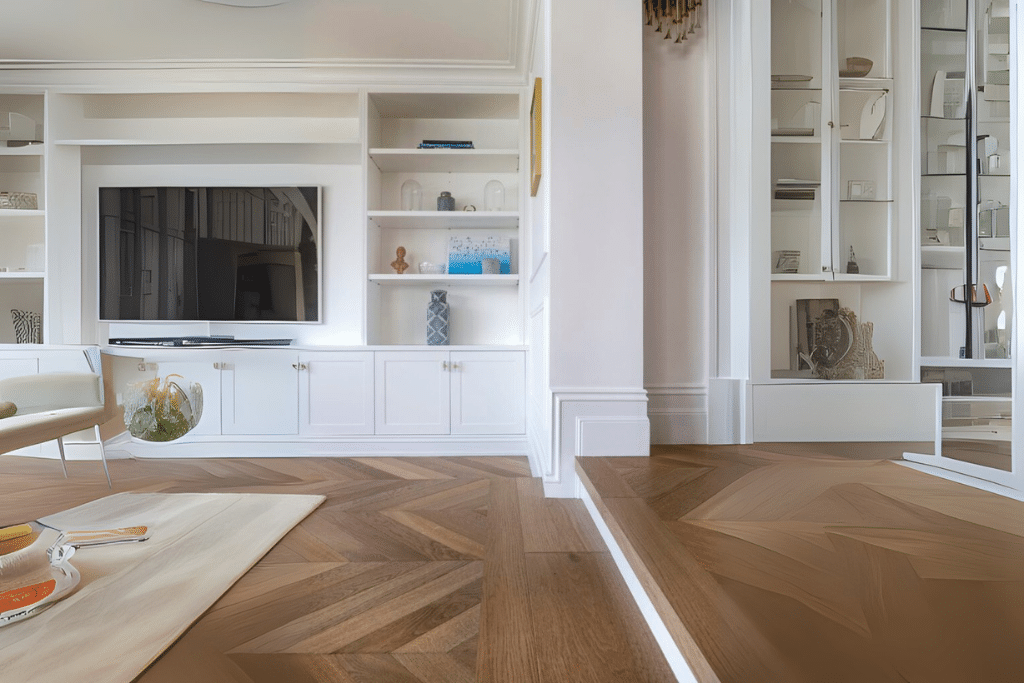 Modern Hamptons-style living room with distinctive skirting, white fitted cabinets and shelving, and beautiful wooden flooring