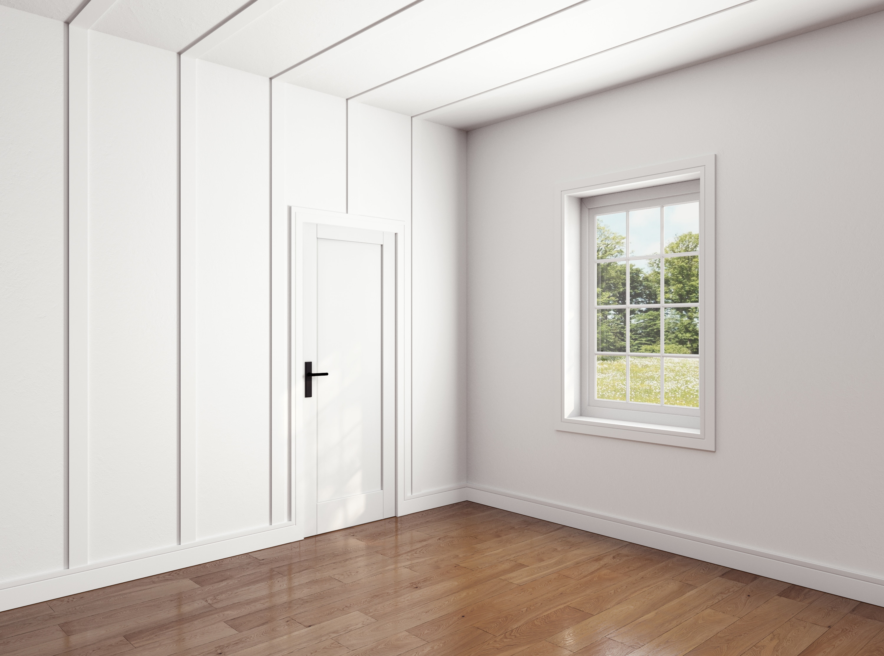 Modern Contemporary interior design style featuring white skirting, architraves, feature wall battens, and a wooden floor.