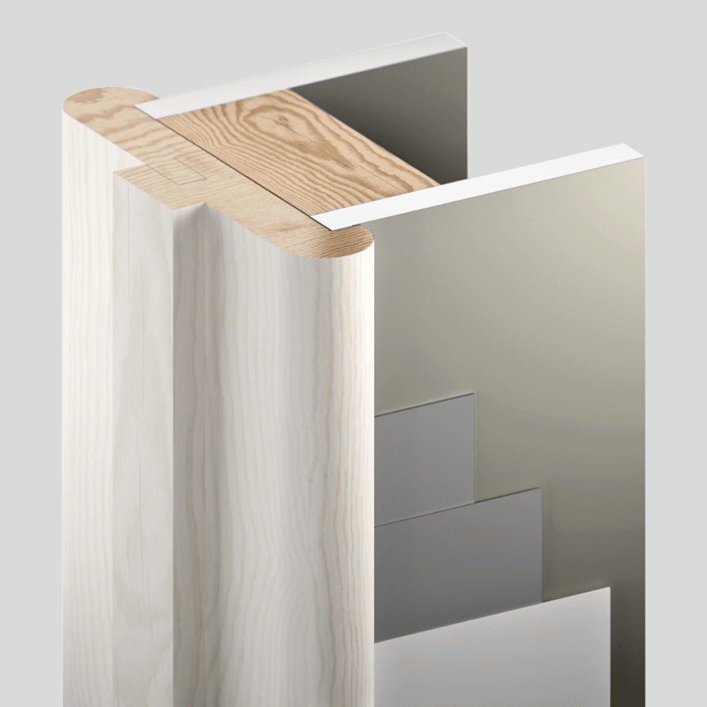Cross‑section view of Intrim’s Nova Vita curved flush finish door jamb showing how the two timber components fit together.