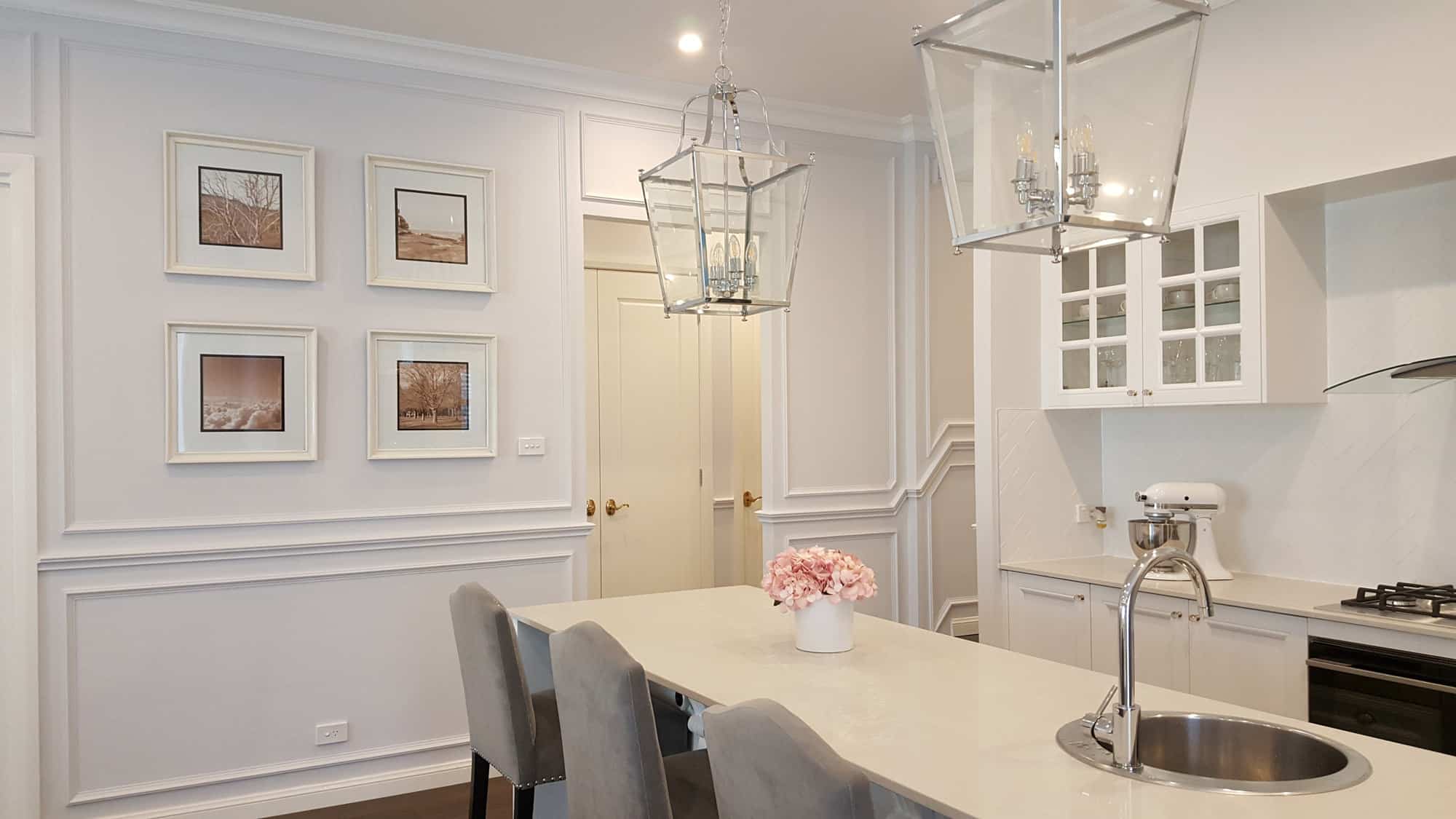 Classic Hamptons-style kitchen with crisp wall panelling using the IN32 inlay mould