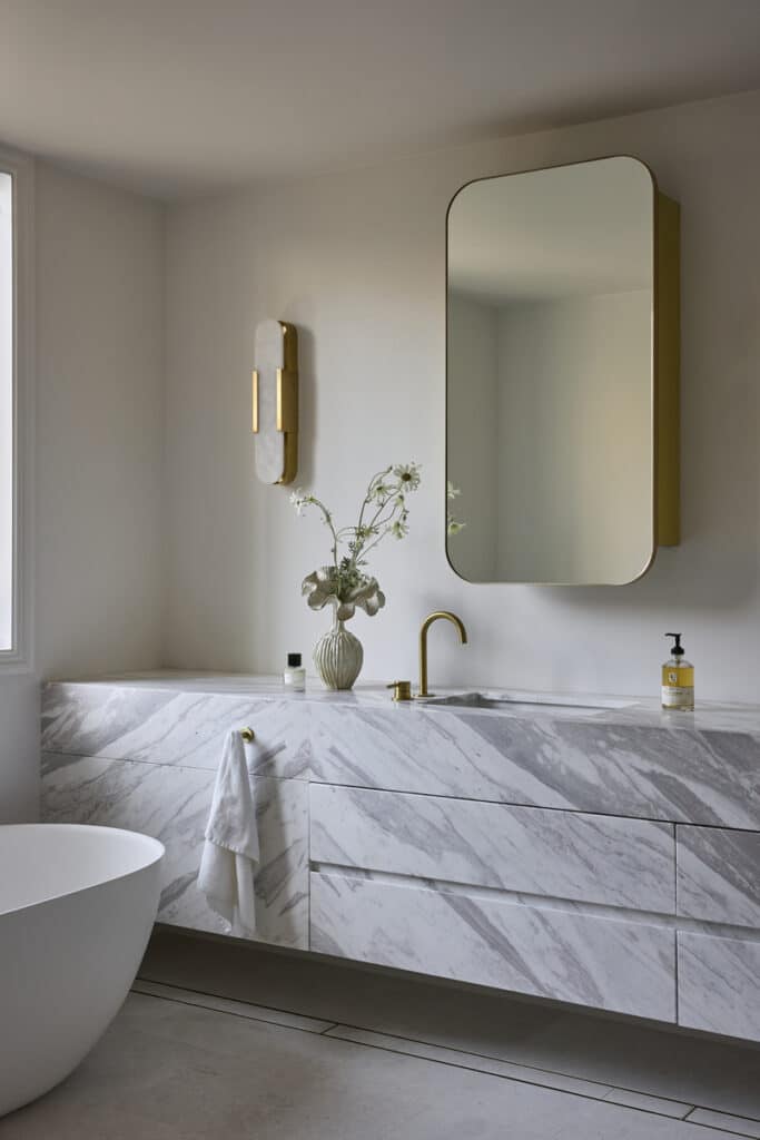 Luxury bathroom with a floating marble stone vanity, brass tapware and mirror cabinet, vertical sconce and freestanding bath.