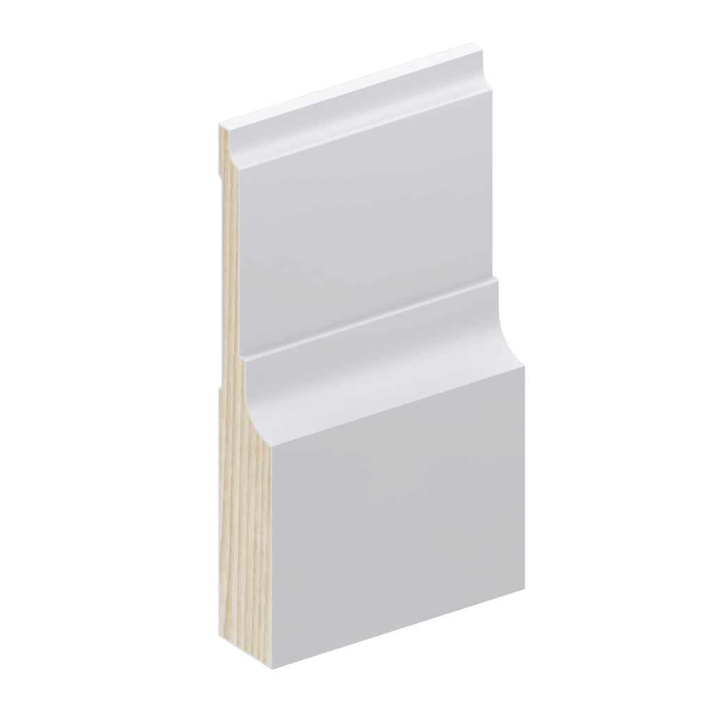 The SK187 skirting board profile in primed FJ pine and a height of 185mm.