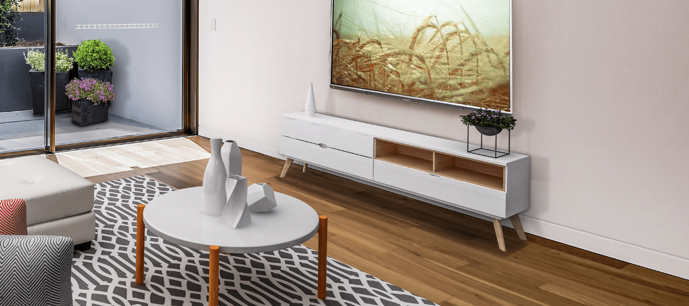 Intrim Shadowline SK800 flush finish skirting in a modern living room with timber flooring and clean-lined interiors.