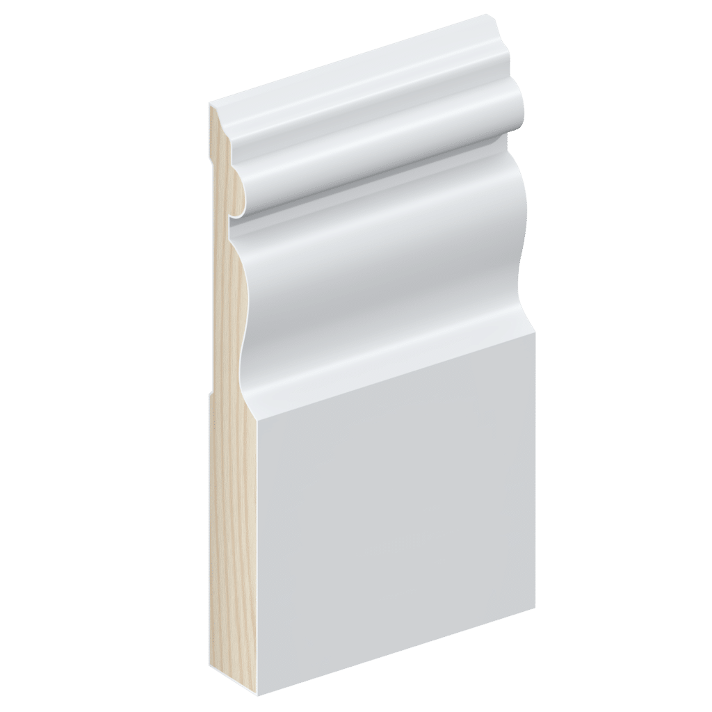 The SK115 skirting board profile in primed FJ pine and a height of 185mm.