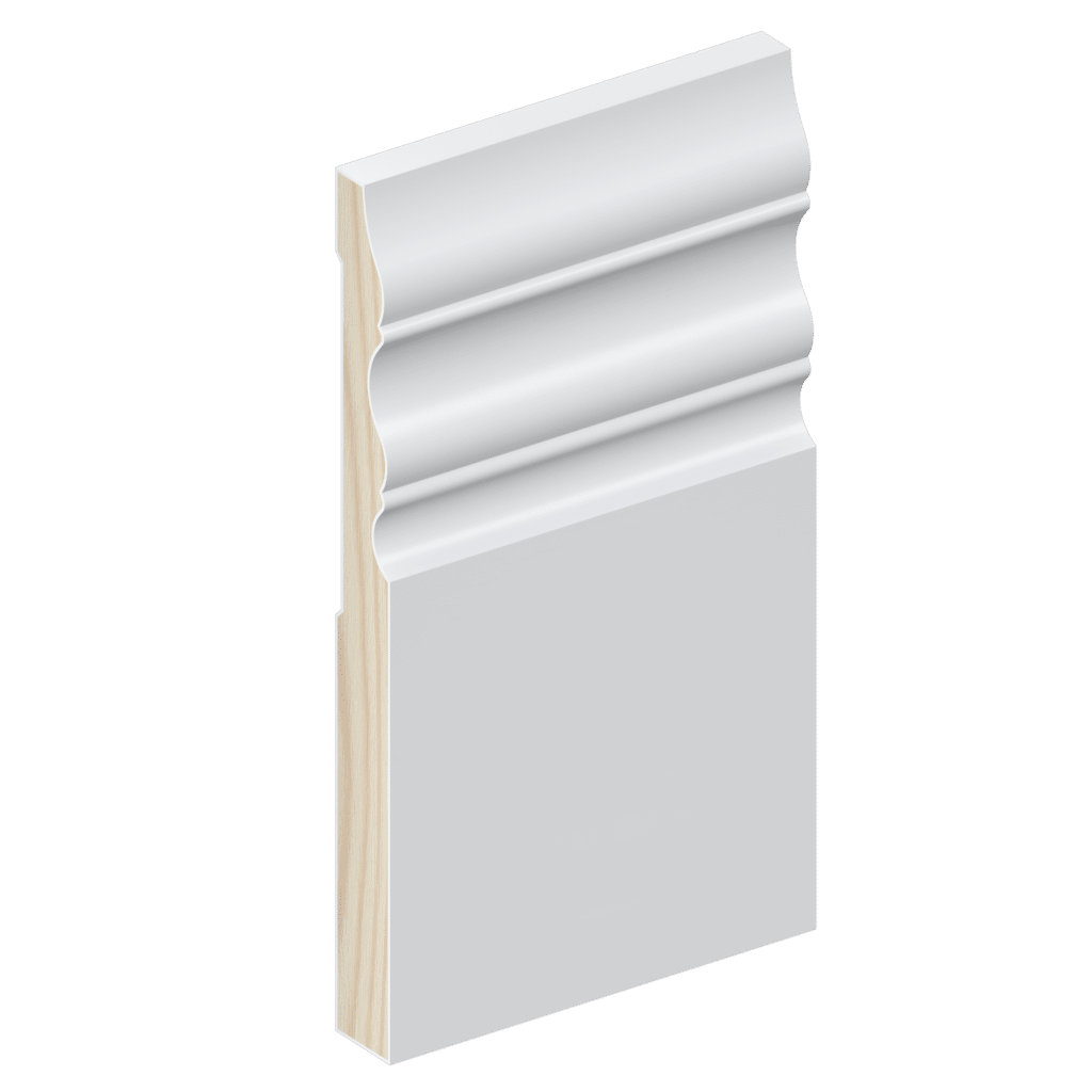 The SK343 skirting board profile in primed FJ pine and a height of 185mm.