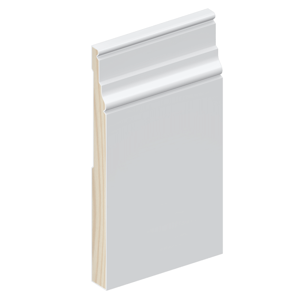 The SK348 skirting board profile in primed FJ pine and a height of 185mm.