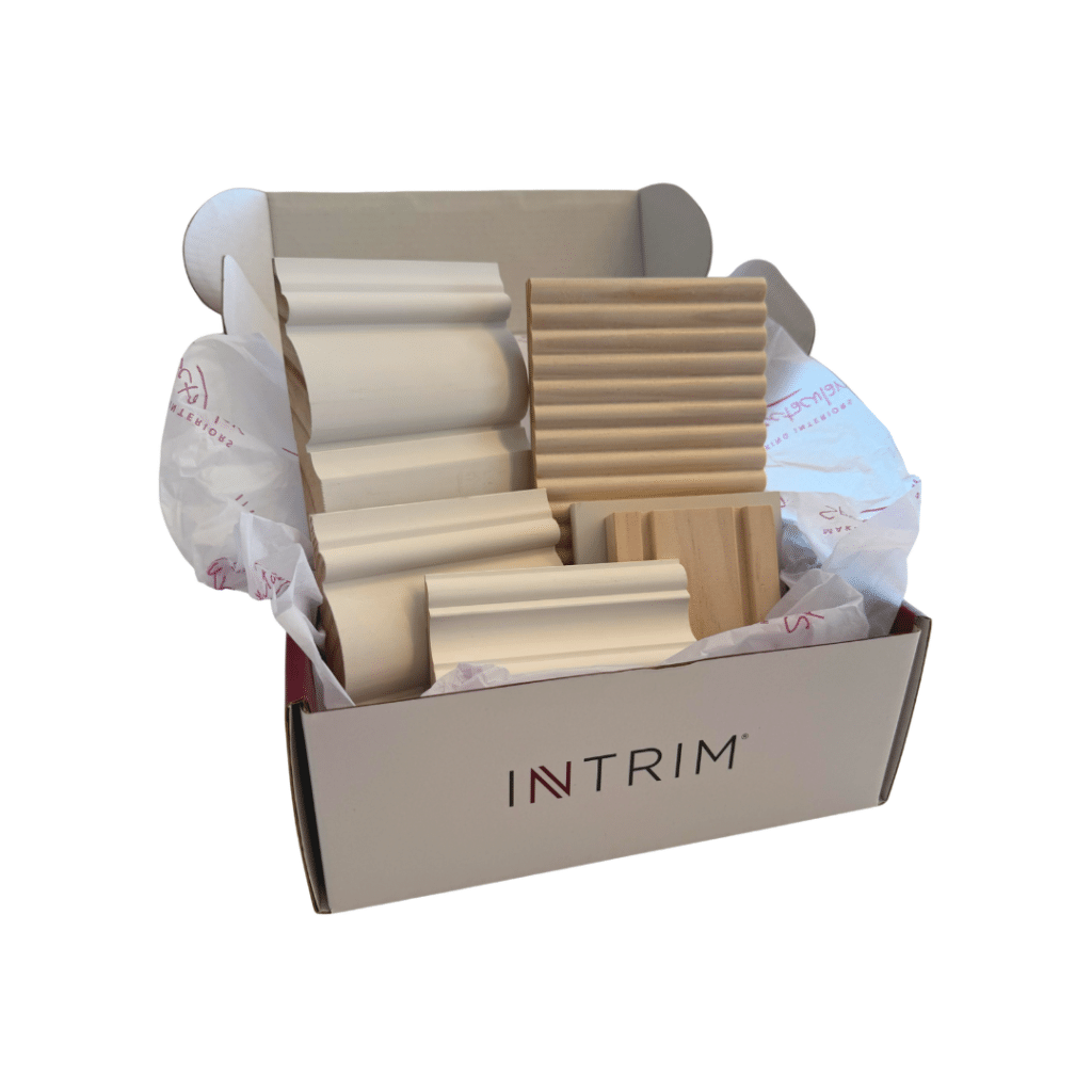 Intrim French Country Samples Box featuring SK945B skirting and architrave, SK498 skirting, CR190 chair rail, WB35 and WB09 wall batten profiles inspired by Maison Soleil House 18.